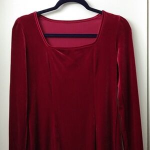 Burgundy velvet mini dress, long sleeve square neck straight hem, Shein medium